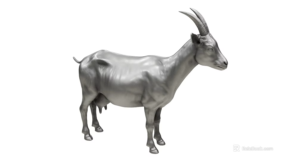 Silver Goat Sculpture With Metallic Finish Standing Pose And Intricate Details 3d model 