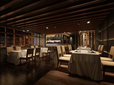 Restaurant Interior Design With Wooden Ceiling White Tablecloths Dining Chairs And Warm Lighting 3d model