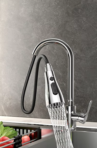 Modern Chrome Kitchen Faucet With Black Flexible Hose And Sprayer Head 3d model