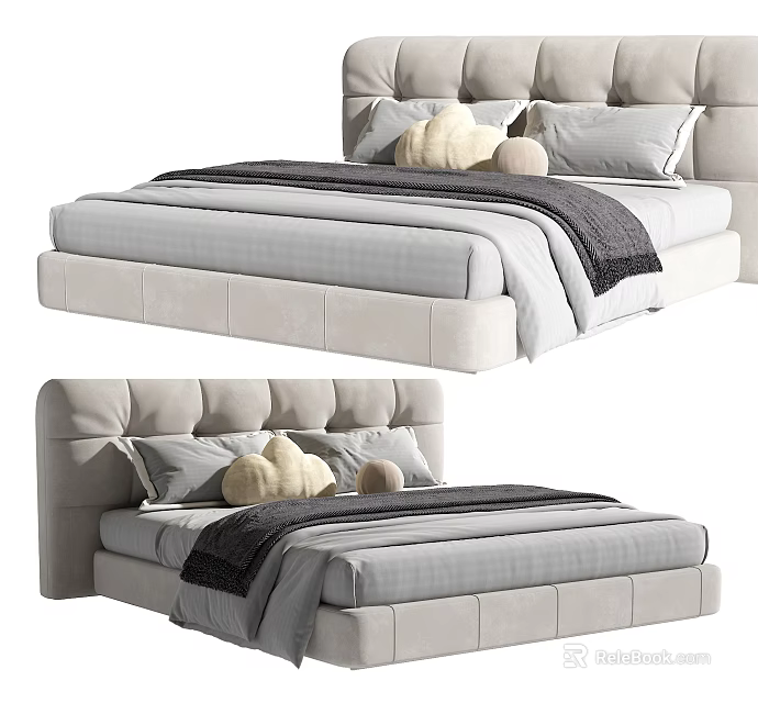 Modern Double Bed With Tufted Headboard Gray Sheets And Plush Pillows 3d model