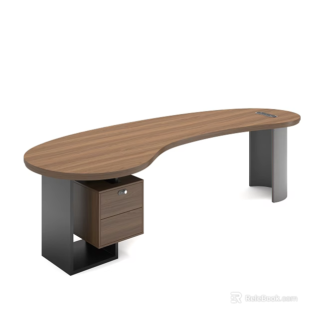 Modern Office Desk With Curved Wooden Top And Metal Legs Drawer Storage 3d model 