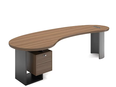 Modern Office Desk With Curved Wooden Top And Metal Legs Drawer Storage 3d model