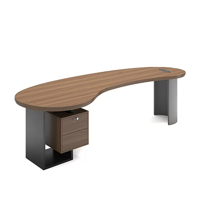 Modern Office Desk With Curved Wooden Top And Metal Legs Drawer Storage 3d model