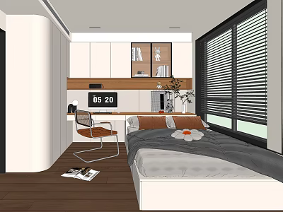 Modern Tatami Bedroom With Desk Chair Bookshelf And Window Blinds 3d model