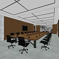 Modern Conference Room Interior With Long Table Black Office Chairs Wooden Walls And Window Curtains