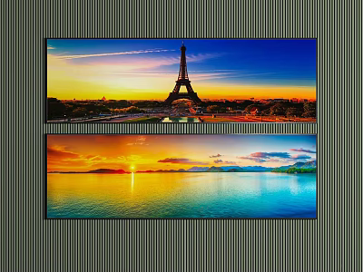 Beautiful Landscape Paintings With Eiffel Tower Sunset Scene And Lake Surface Under Cloudy Mountains 3d model