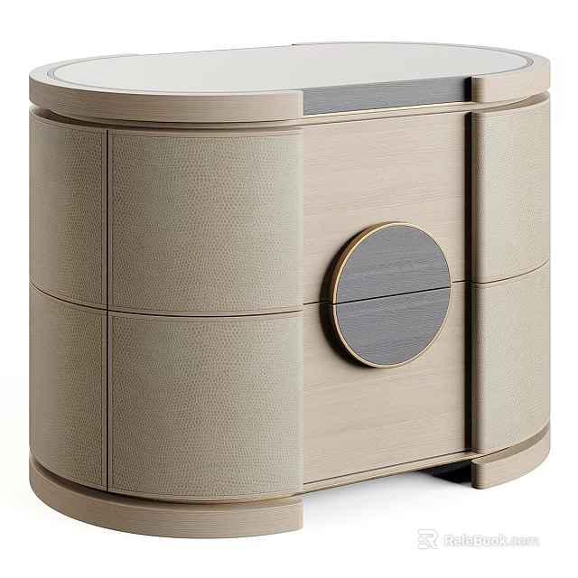 Elegant Modern Chest of Drawers with Beige Textured Surface and Circular Decorative Panel 3d model 