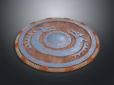 Round Wooden Shield with Metal Dragon Design and Rope Edging Details 3d model