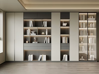 Modern Built-in Bookcase Design With Open Shelves Glass Doors Books And Decorative Lighting 3d model