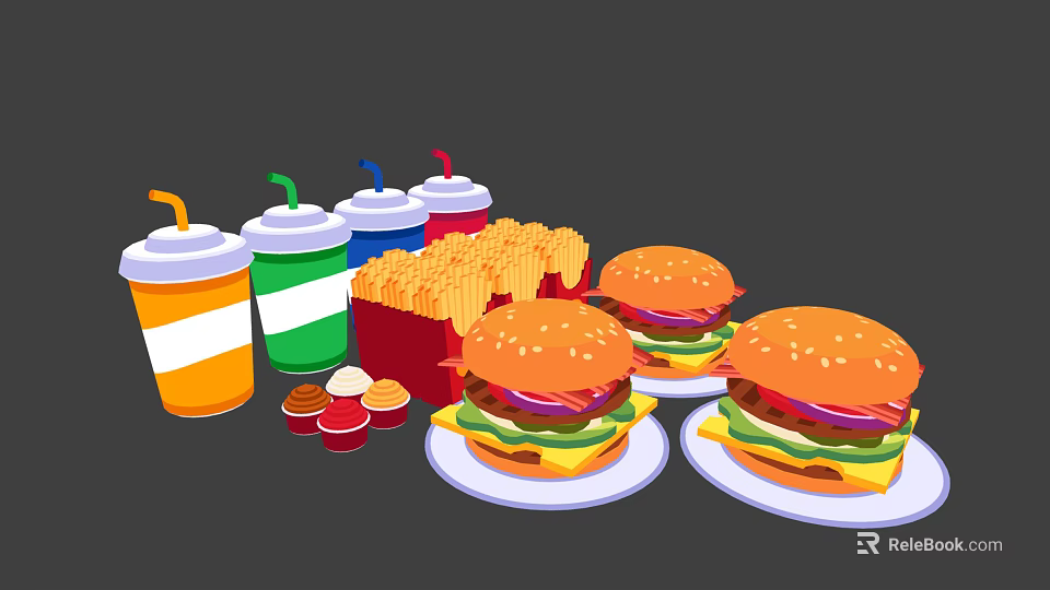 Fresh Juicy Hamburgers With Crispy French Fries Drink Cups And Sauce Containers 3d model 