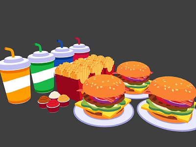 Fresh Juicy Hamburgers With Crispy French Fries Drink Cups And Sauce Containers 3d model