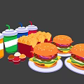 Fresh Juicy Hamburgers With Crispy French Fries Drink Cups And Sauce Containers