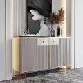 Elegant Modern Entryway Console Cabinet With Striped Doors Gold Accents And Decor Items