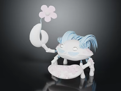 Cute Cartoon Creature Character With Light Blue Hair Holding Pink Flower and Petal-shaped Body 3d model