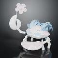 Cute Cartoon Creature Character With Light Blue Hair Holding Pink Flower and Petal-shaped Body