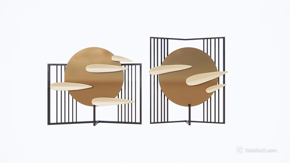 Modern Decorative Ornament Set With Circular Golden Elements And Black Geometric Frames 3d model