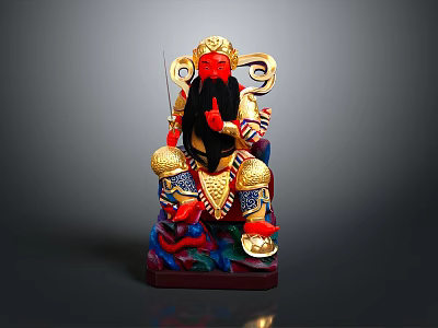 Traditional Deity Statue of Man With Red Face Black Beard Golden Red Robe Holding Sword 3d model