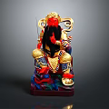 Traditional Deity Statue of Man With Red Face Black Beard Golden Red Robe Holding Sword