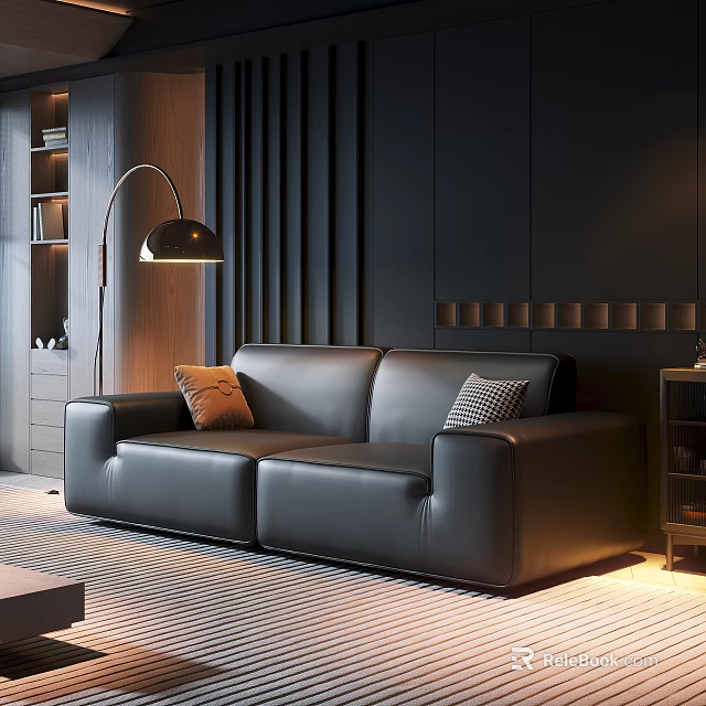 Black Leather Two-Seater Sofa With Throw Pillows Modern Floor Lamp Dark Walls Interior 3d model 