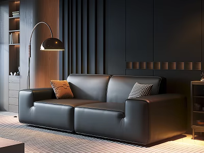 Black Leather Two-Seater Sofa With Throw Pillows Modern Floor Lamp Dark Walls Interior 3d model