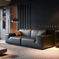 Black Leather Two-Seater Sofa With Throw Pillows Modern Floor Lamp Dark Walls Interior