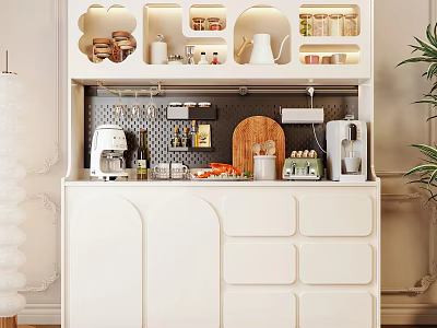 White Kitchen Sideboard With Open Shelves Hooks Coffee Machine And Cutting Board 3d model