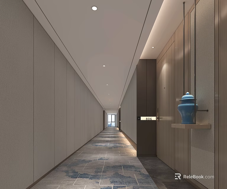 Hotel Corridor Featuring Recessed Lighting Patterned Carpet Wooden Panels And Blue Decorative Vase 3d model 