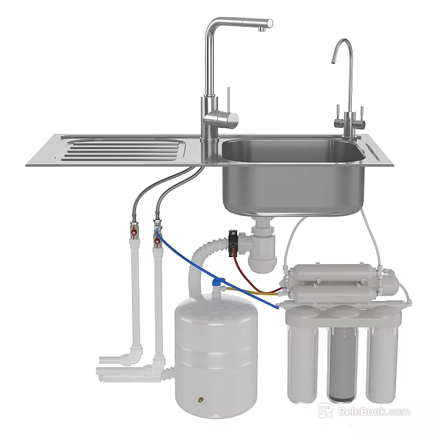 Stainless Steel Kitchen Sink With Faucet Drain Pipes And Water Filter System 3d model 