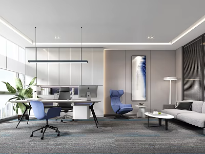 Modern Office Interior With Open Workspace Blue Chair Green Plant And Floor to Ceiling Windows 3d model