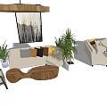 Modern Table And Chair Set In Living Space With Sofa Plants And Decorative Lighting