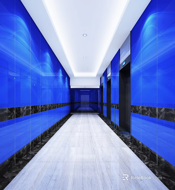 Modern Elevator Hallway With Blue Glass Walls Light Marble Flooring And Ceiling Lights 3d model 