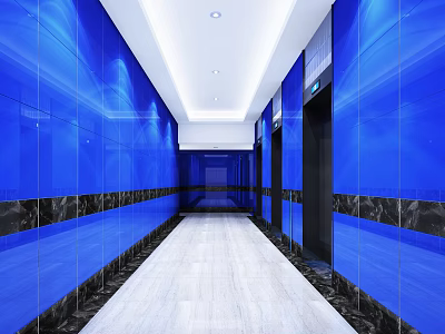 Modern Elevator Hallway With Blue Glass Walls Light Marble Flooring And Ceiling Lights 3d model