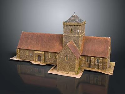 Traditional Stone Church Building With Red Roof Tower And Arched Windows 3d model