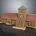 Traditional Stone Church Building With Red Roof Tower And Arched Windows