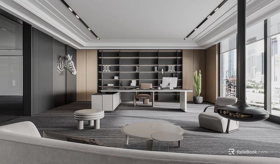 Modern Office Interior Design With Bookshelves Desk Computer Sofa Cactus Zebra Wall Art And Windows 3d model 