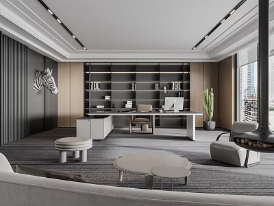 Modern Office Interior Design With Bookshelves Desk Computer Sofa Cactus Zebra Wall Art And Windows 3d model