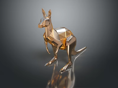 Golden Low Poly Kangaroo Sculpture On Dark Background With Reflection 3d model
