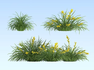 Green Grass With Yellow Flowers Growing In Clusters On Blue Background 3d model