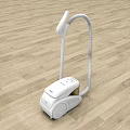 Modern White Vacuum Cleaner With Long Flexible Hose On Wooden Floor