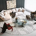 Stylish Plush Sofa And Glass Coffee Table Set In Modern Living Room With Geometric Rug