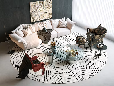 Stylish Plush Sofa And Glass Coffee Table Set In Modern Living Room With Geometric Rug 3d model