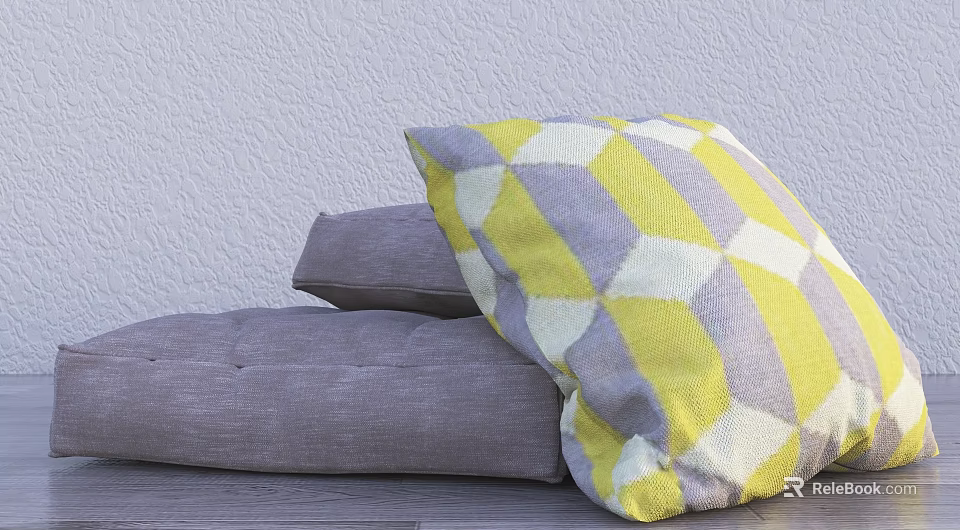 Stacked Throw Pillows With Geometric Diamond Pattern In Yellow Gray White Fabric 3d model 
