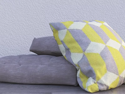 Stacked Throw Pillows With Geometric Diamond Pattern In Yellow Gray White Fabric 3d model