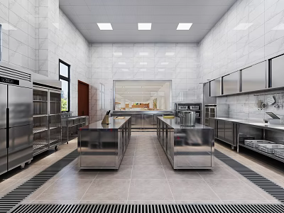 Professional Commercial Kitchen With Stainless Steel Worktables Cabinets Tile Flooring And Ceiling Lights 3d model