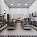 Professional Commercial Kitchen With Stainless Steel Worktables Cabinets Tile Flooring And Ceiling Lights