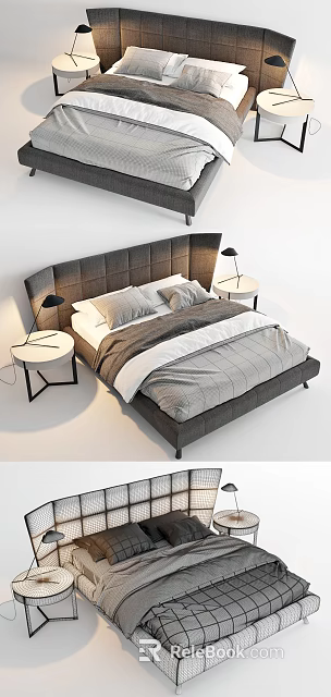 Modern Double Bed With Gray Fabric Headboard Plaid Quilt And Side Table Lamps 3d model 