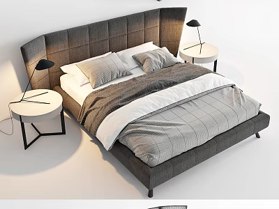 Modern Double Bed With Gray Fabric Headboard Plaid Quilt And Side Table Lamps 3d model