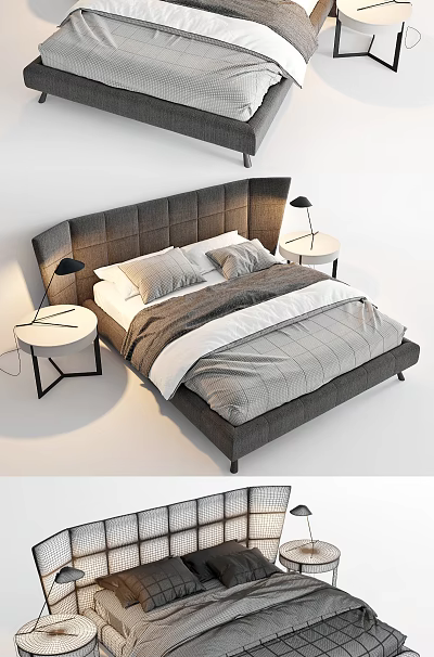 Modern Double Bed With Gray Fabric Headboard Plaid Quilt And Side Table Lamps 3d model