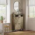 Stylish Entryway With Gray Cabinet Round Mirror Books Vase Umbrella And Green Plant