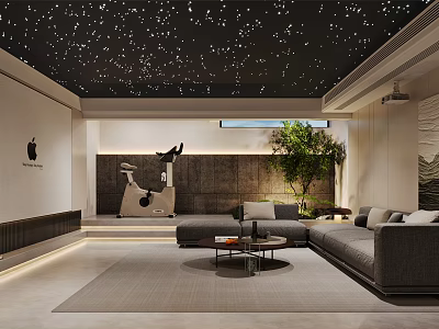 Modern Basement Interior With Sofa Fitness Equipment Starry Ceiling And Greenery 3d model